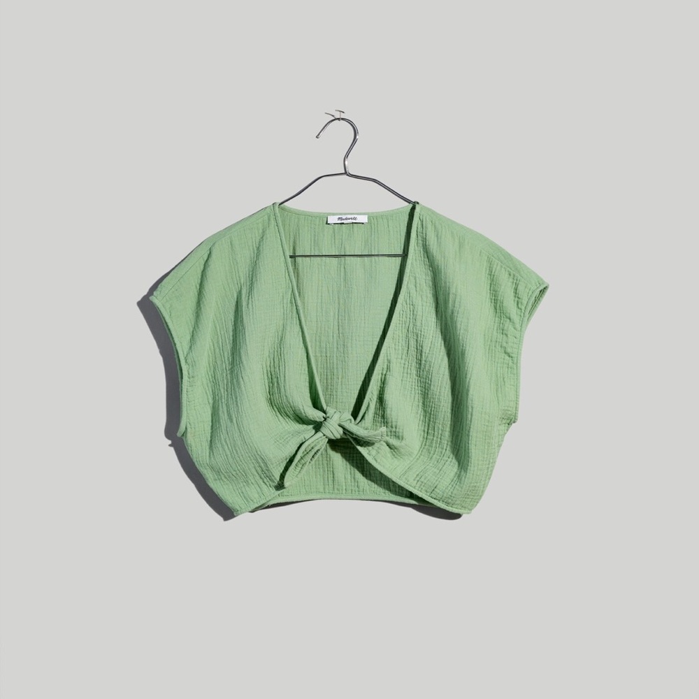 Madewell Double-Gauze Tie-Front Cropped Top - Green - Large